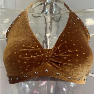 Golden Tan Velvet Bejeweled Halter Pro Dance Top L NWT